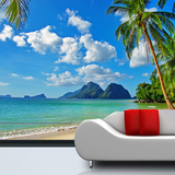 臻心家居 壁画 蓝天白云大海景 电视沙发背景墙纸 沙滩海岛椰树
