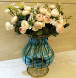 包邮欧式铁艺蓝色透明玻璃花瓶家居客厅台面结婚摆件乔迁结婚礼品