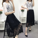 韩国SZ代购修身显瘦中长款蕾丝连衣裙女夏圆领中袖一步裙两件套装