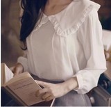 2016春秋冬装韩版甜美娃娃领长袖雪纺衬衫女式白色衬衣打底衫上衣