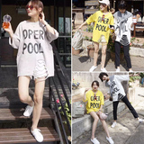 2016夏季新款破洞九分袖T恤女学生韩版宽松显瘦字母中长款上衣潮