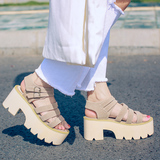 韩国stylenanda原宿学院风女鞋磨砂真皮复古厚底松糕粗跟罗马凉鞋