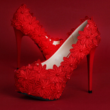 蕾丝婚鞋花朵红色新娘鞋超高跟防水台细跟礼服鞋伴娘鞋单鞋女鞋