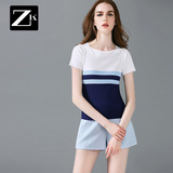 ZK撞色条纹拼接针织T恤女装短袖修身显瘦体恤上衣2016夏季新款潮