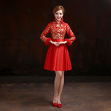 冬季2014新款旗袍长袖中式连衣裙红色礼服改良新娘敬酒服加棉加厚
