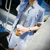 夏季薄款短袖衬衫男青少年纯棉英伦格子学生韩版修身休闲潮流寸衣