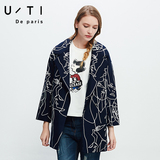 uti尤缇2016新款秋装欧美时尚刺绣个性图案长大衣女UB310154A325
