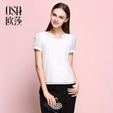OSA欧莎夏季新款女装小网格子拼接泡泡袖雪纺衫SV515014#