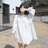 韩国ulzzang学院风纯色宽松娃娃裙子 学生棉麻长袖秋季连衣裙短裙