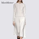 MeetMetro2016春装新款欧美女装长袖宽松白色职业连衣裙中长款