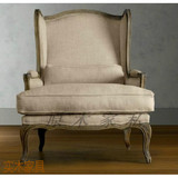 法式复古老虎椅实木贵妃沙发外贸RH美式沙发单人仿古做旧欧式沙发