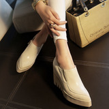 2015秋新款欧美真皮尖头坡跟短靴女高跟厚底米白色内增高及踝靴