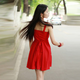 2015夏季女装新款文艺复古小清新气质红裙无袖收腰百褶修身连衣裙