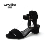 Westlink/西遇2016夏季新款 优雅真皮一字带露趾凉鞋粗跟高跟女鞋