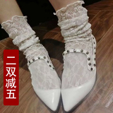 韩国进口袜子女士春夏季中筒蕾丝堆堆袜黑白色镂空网纱薄丝袜女袜