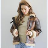 韩版女装2015冬装新款麂皮绒羊羔毛机车夹克长袖加厚修身短外套潮