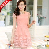 2016夏季新款韩版女装气质短袖修身大码中长款欧根纱雪纺连衣裙