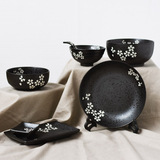进口日式樱花碗磨砂哑光黑色陶瓷碗 寿司盘 调味碟日式餐具七件套