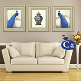 欧式现代客厅装饰画创意简约沙发背景墙三联画有框挂画蓝孔雀