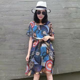 2016夏季新款韩版时尚裙子女复古油画印花雪纺收腰显瘦连衣裙
