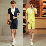 夏季男士韩版修身七分袖休闲西服青年五分短裤中袖西装两件套装潮