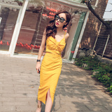 唐家欧美夏装新款美胸性感小吊带+包臀开叉显瘦半裙 黄色套装裙