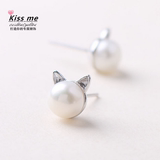 猫咪珍珠耳钉女款纯银日韩国版生日简约气质百搭防过敏可爱甜美