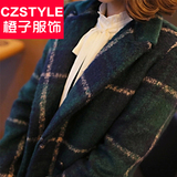 格子毛呢外套女装2015春装新款修身大码韩版中长款呢子大衣冬风衣
