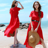 中长款大红色女装连衣裙波西米亚长裙雪纺裙夏季海边度假裙沙滩裙