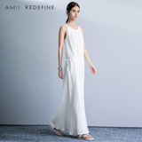 Amii Redefine2015夏新品圆领褶皱苎麻棉抽绳大码连衣裙61580714