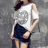 夏季新款韩版复古字母印花全棉圆领宽松休闲短款露肩短袖T恤女装