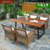 户外家具实木长方桌藤椅套装 室外花园客厅藤木结合混搭长方餐桌