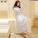 2016春装新款韩版女装小香风长袖蕾丝连衣裙气质修身白色镂空长裙