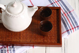 纯手工藤编托盘 实木+竹编托盘 中式日式木质茶具茶盘