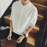 日系原创男士亚麻纯色七分袖衬衫青年韩版潮流小清新衬衣半袖开衫