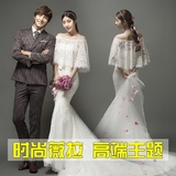 最新品韩式白纱影楼婚纱主题服装一字肩修身收腰鱼尾蕾丝婚纱礼服