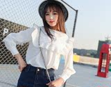 2016春夏女装新款韩版圆领灯笼袖长袖打底衫蕾丝雪纺娃娃衫女T恤