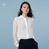 2016春装新品撞色立领长袖衬衫女韩版纯色透视雪纺衬衫白衬衣女装