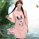 长款卫衣 粉红小布娃娃2015秋装新款女装韩版加绒印兔子 卫衣裙