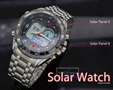 时尚百搭太阳能钢带手表双机芯电子夜光表计时手表防水多功能手表
