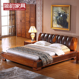 实木真皮床1.8米 楠木双人床现代中式婚床1.8米实木床 真皮实木床