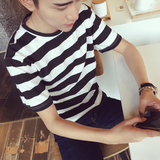 2016夏季男士修身棉T恤圆领韩版青少年休闲短袖学生条纹打底男潮
