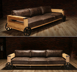 美式loft实木三人沙发 做旧软皮沙发组合椅子铁艺复古实木沙发椅