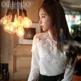 粉红大布娃娃衬衣女长袖秋季女装新款韩版白色立领蕾丝衬衫
