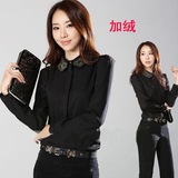 黑色衬衣女2016春秋女装加厚加绒衬衫长袖韩版修身雪纺上衣打底衫