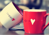 一个包邮星巴克风格红白爱心杯情侣对杯 咖啡杯创意陶瓷马克杯
