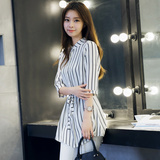 2016夏季韩版新款修身显瘦大码百搭短袖条纹中长款雪纺衫上衣女装