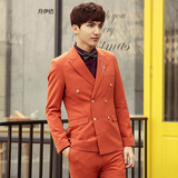 男士纯色双排扣西服套装韩版修身长袖小西装两件套青年结婚礼服男