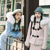 MISSQ冬装新款 韩版纯色大毛领牛角扣加厚棉服外套女修身上衣棉袄