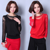 韩版春季长袖优雅气质T恤蕾丝镂空透视性感酒红色打底衫女上衣